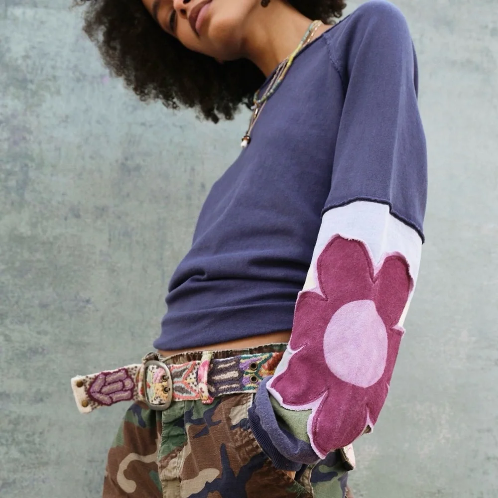Free People Petunia Tee -  Floral Appliqué Sleeves - M - NWT - Picture 4 of 9
